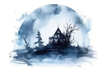 Fototapeta premium A menacing silhouette of a haunted house against a full moon backdrop. 