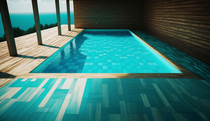 Obraz premium Blue Swimming Pool With Teak Wood Floring, Generative AI