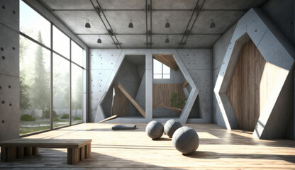 Concrete Yoga Gym Interior With Equipment Day, Generative AI