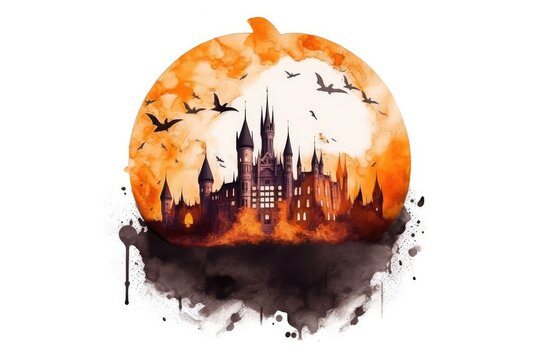 recommend clip art: A pumpkin carved with the silhouette of a haunted castle, with bats flying above it. 