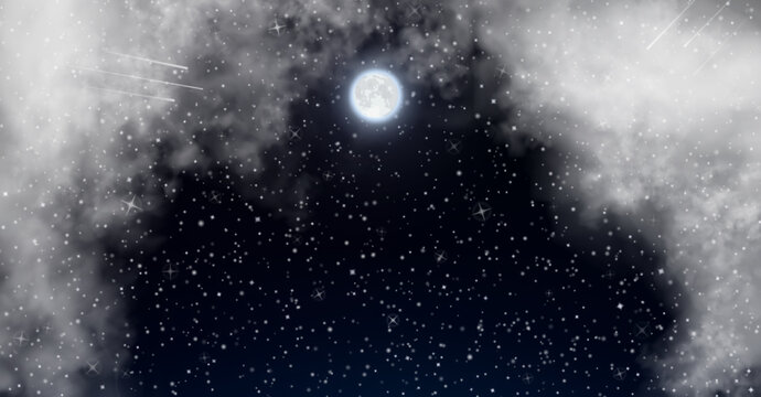 Beautiful realistic night starry sky under the veil of soft cumulus clouds. Vector background with vacant space for text, greetings or objects. Skyscape with full moon inside the white mist clouds.
