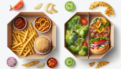 Fast Food Dish And Health Food On White Background, Generative AI