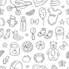Hand drawn seamless pattern of baby shower elements, toy, ball, milk bottle, sock. Doodle sketch style. Baby element drawn by digital pen. Vector illustration for wallpaper, background, textile design