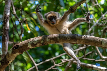 Obraz premium a monkey sitting on a tree branch with its hands in the air as if it's ready to jump