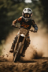 Kid Riding Motor Bike Off Dirt Jump In Air Wearing Dirt Bike Apparel, Generative AI