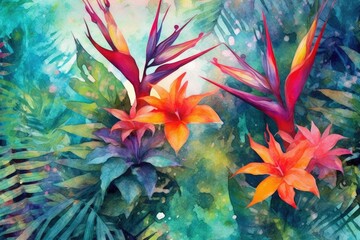 Fototapeta na wymiar Tropical Paradise: Use vibrant tropical flowers and foliage against a textured background to create a lively and exotic atmosphere.