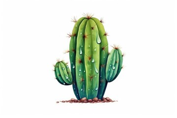 Cactus with Raindrops and Water Droplets illustration on white background.