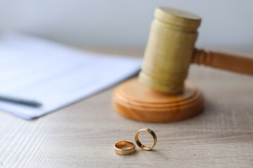 Judge gavel and divorce documents in divorce concept, canceling marriage and legal separation