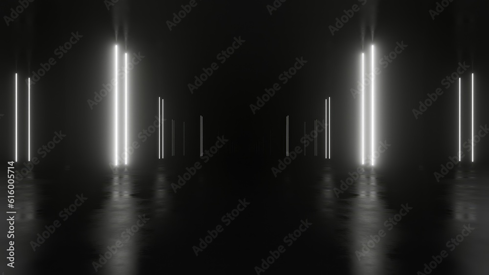 Poster 3d rendering of dark abstract sci-fi tunnel with neon light, Futuristic spaceship corridor.