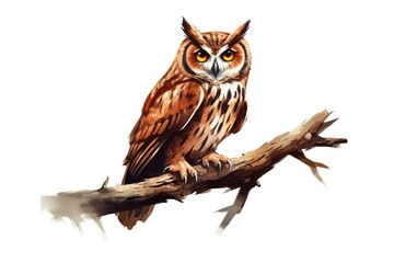Owl perched on a Branch illustration on white background.