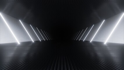 Naklejka premium 3d rendering of dark abstract sci-fi tunnel with neon light, Futuristic spaceship corridor.