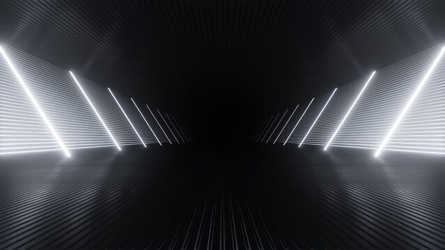 Fototapeta 3d rendering of dark abstract sci-fi tunnel with neon light, Futuristic spaceship corridor.