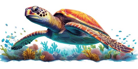 Sea Turtle Swimming in Coral Reef illustration on white background