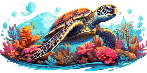 Obraz na płótnie Canvas Sea Turtle Swimming in Coral Reef illustration on white background