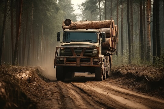 Timber Carrier Cutdown Tree Logs By The Road In The Forest, Generative AI