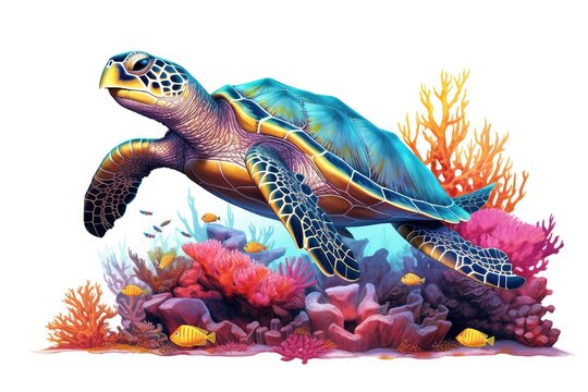 Sea Turtle Swimming in Coral Reef illustration on white background