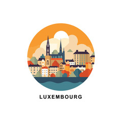 Luxembourg city skyline abstract riverside vector landscape logo. Capital cityscape panorama silhouette flat icon