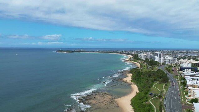 Wide Aerial Drone Mooloolaba Beach Coastal Town And Road On Sunny Day With Ocean Views, 4K Australia