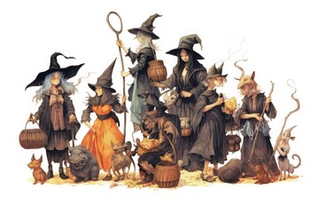 Witches and Witchcraft illustration on white background.