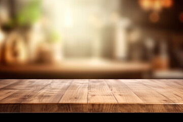 Empty wooden tabletop over defocused kitchen background