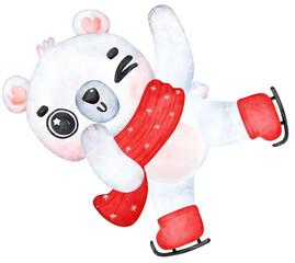 Cute joyful and happy Christmas Polar Bear Skating , Cartoon animal Watercolor