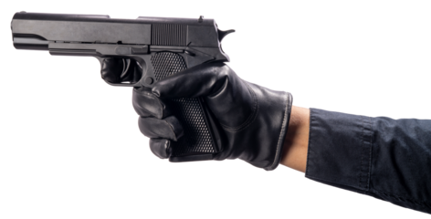 Close up Murderer or Criminal Hand holding a Gun isolated on white background, Hand Holding Gun on White Background PNG File.