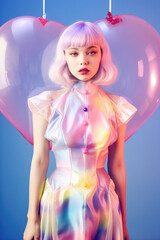 A woman with pink blue blonde hair wearing a dress and balloons. Futuristic setup, transparent plastic dress, shiny makeup, hologram iridescent glowing romantic love portrait. Valentine hearts love.