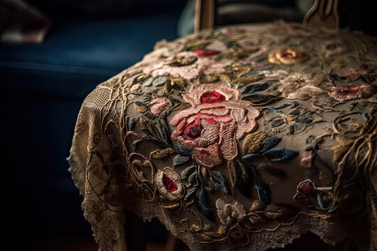 A Table Cloth With Flowers On It And An Old Chair In The Photo Is Blured By The Light Coming Through The Window