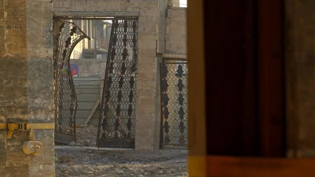 Interior ruins of Great Mosque of al-Nuri destroyed by terrorists, Mosul in Iraq. Static shot and focus in background