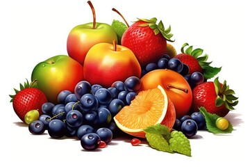 Naklejka na ściany i meble Fresh Fruits and Berries illustration on white background.
