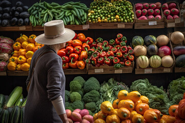 a woman standing in front of a display of fresh fruits and vecals at a farmer's market