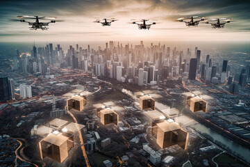 two drones flying in the sky over a cityscapeared with buildings and skyscrapers at sunset time