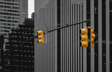 Traffic lights and Building of Manhattan, Black and white background
