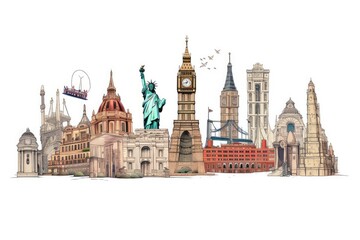 Fototapeta na wymiar Landmarks and Famous Places illustration on white background.