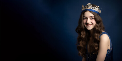a smiling young woman wearing queen clothes in dark blue background generative ai