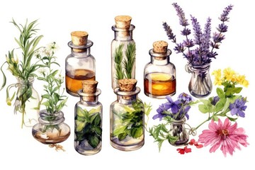 Natural Remedies and Herbal Medicine illustration on white background.