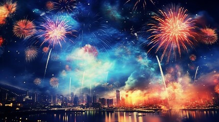 Happy new year 2024, fireworks background, Generative Ai - obrazy, fototapety, plakaty