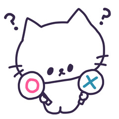 丸ばつプレートを持ったかわいい白い色の子猫のイラスト（全身）