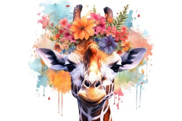 Watercolor Giraffe Portrait with Tropical Flowers on white background.
