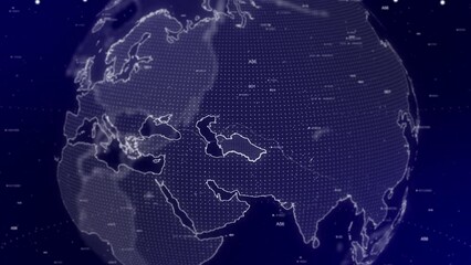 A cinematic video background showcases a digital globe rotating, zooming in on Turkmenistan country.Data analysis Technology Globe rotating on Turkmenistan data analysis technological background