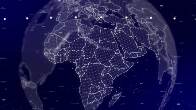 A cinematic video background showcases a digital globe rotating, zooming in on Uganda country. Data analysis Technology Globe rotating on Uganda Country data analysis technological background - Powered by Adobe