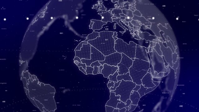A cinematic video background showcases a digital globe rotating, zooming in on Nigeria country. Data analysis Technology Globe rotating on Nigeria Country data analysis technological background