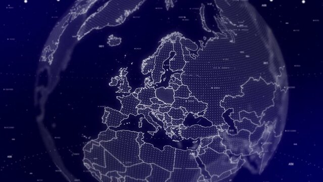 A cinematic video background showcases a digital globe rotating, zooming in on Poland country. Data analysis Technology Globe rotating on Poland Country data analysis technological background