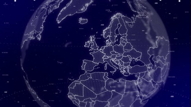 A cinematic video background showcases a digital globe rotating, zooming in on France country. Data analysis Technology Globe rotating on France Country data analysis technological background
