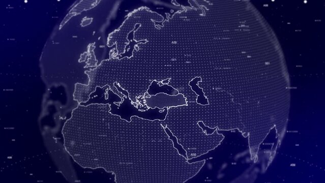 A cinematic video background showcases a digital globe rotating, zooming in on Turkey country.Data analysis Technology Globe rotating on Turkey Country data analysis technological background