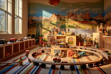 Fototapeta na wymiar Playroom with Wooden Toy Train - AI Generated