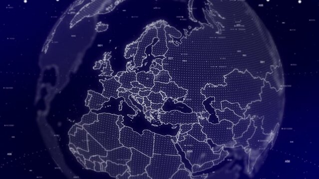 A cinematic video background showcases a digital globe rotating, zooming in on Moldova country. Data analysis Technology Globe rotating on Moldova Country data analysis technological background