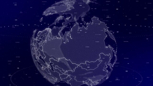 A cinematic video background showcases a digital globe rotating, zooming in on Russia country. Data analysis Technology Globe rotating on Russia Country data analysis technological background