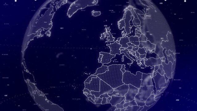 A captivating cinematic video background showcases a digital globe rotating, zooming in on Portugal | A Digital globe rotating in on Portugal country commercial video background in 4K | Europe