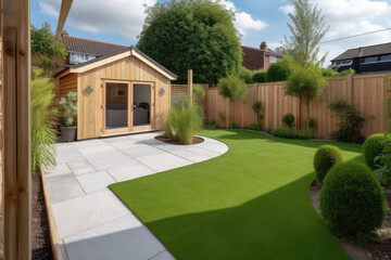 A general view of a back garden with artificial grass, grey paving slab patio, flower bed with plants, timber fences, blue shed, summer house garden timber outbuilding
